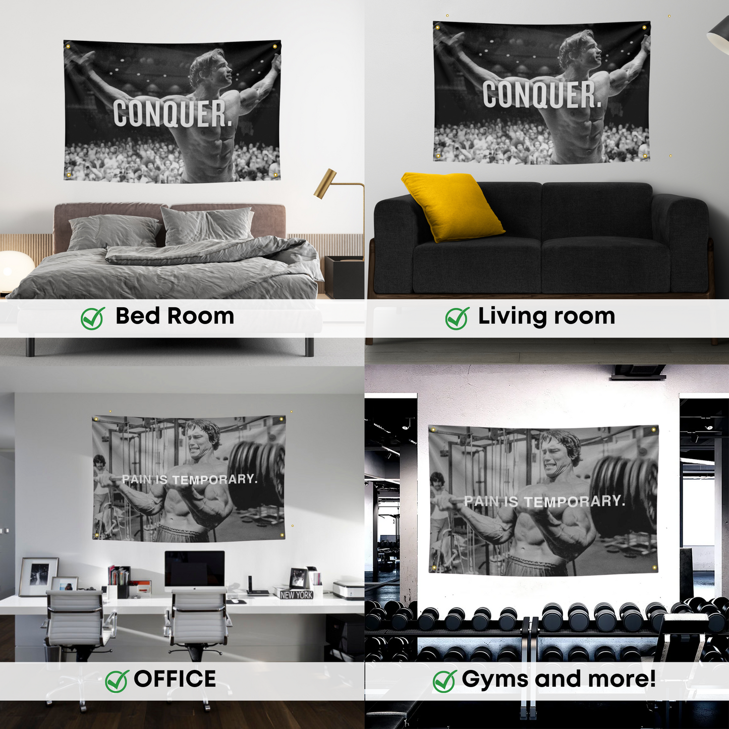 Conquer' and 'Pain is Temporary' motivational flags by Trident Flags, bringing inspiration to home gyms and workout areas