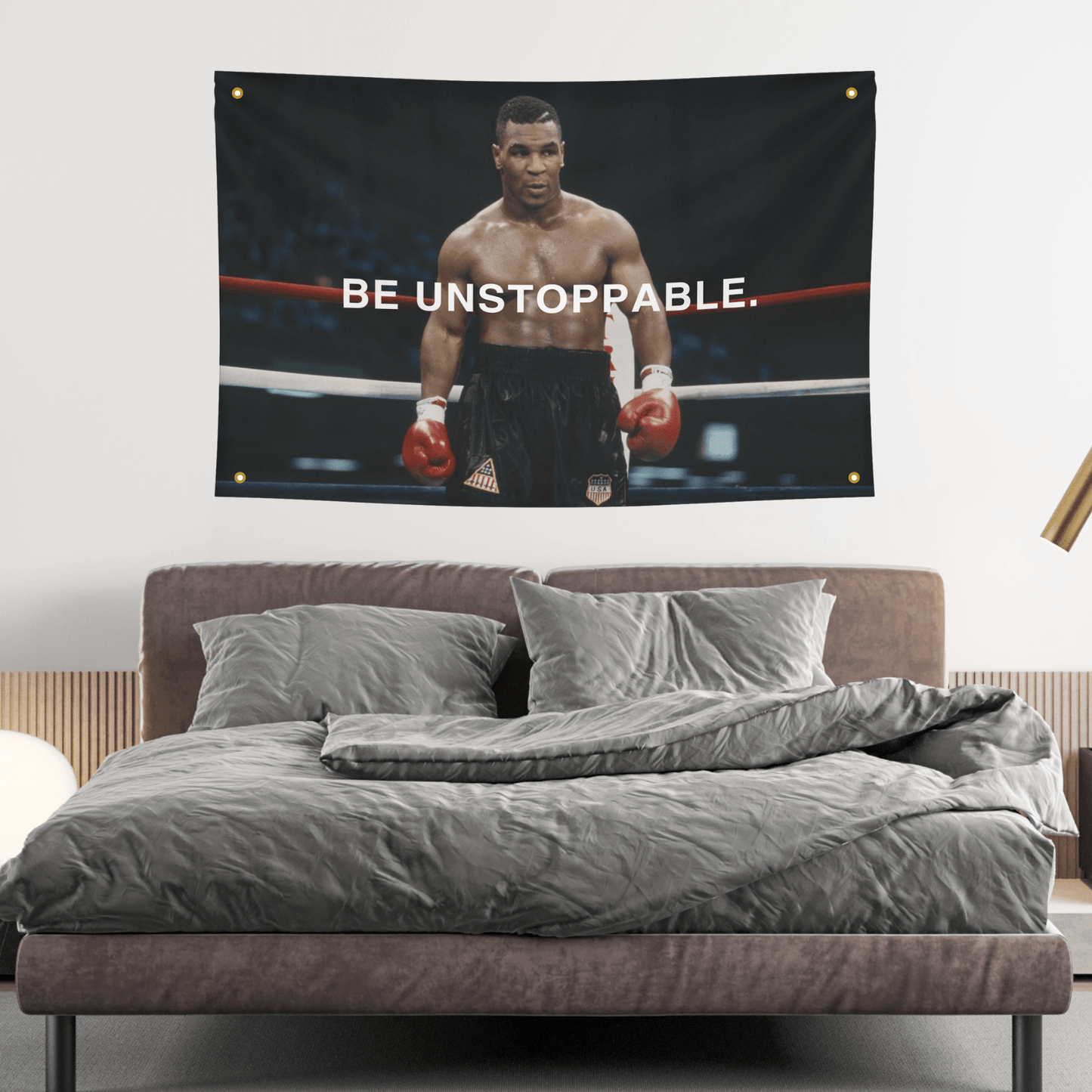 Inspiration for intense workouts - Mike Tyson - Be Unstoppable - Workout flags bed room