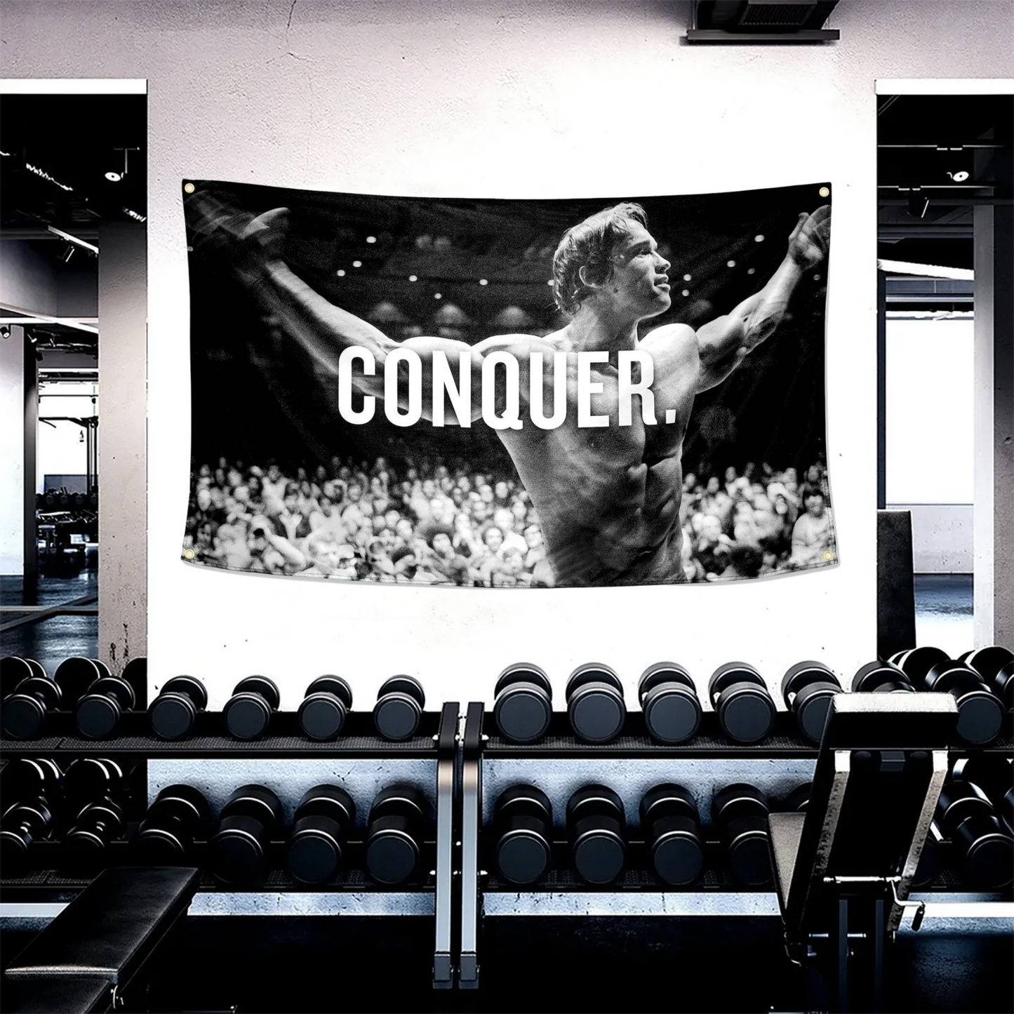Transform your motivation with Arnold Schwarzenegger's 'Conquer' flag, a beacon of perseverance.