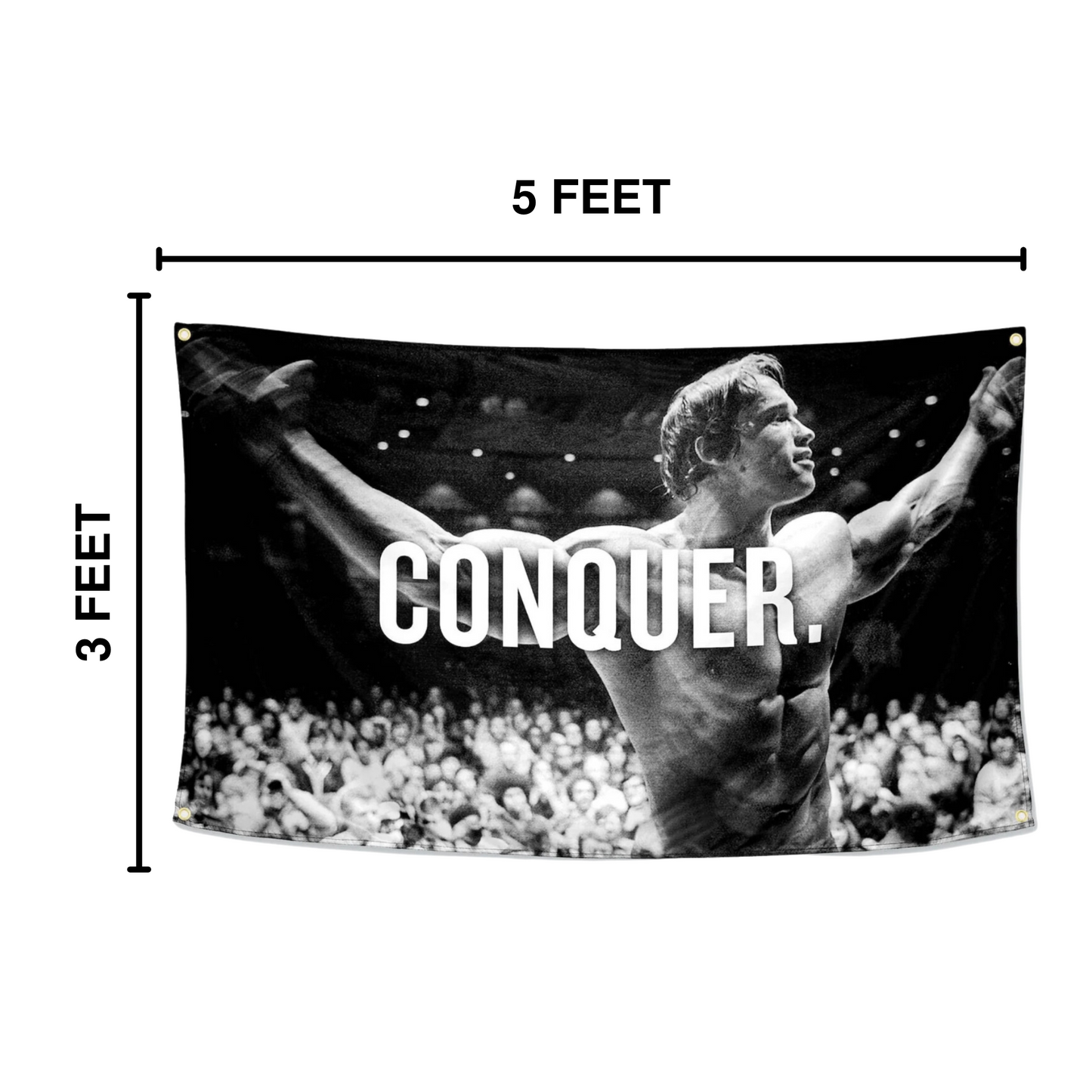 Motivational 'Conquer' flag featuring Arnold Schwarzenegger, perfect for gym and home office decor