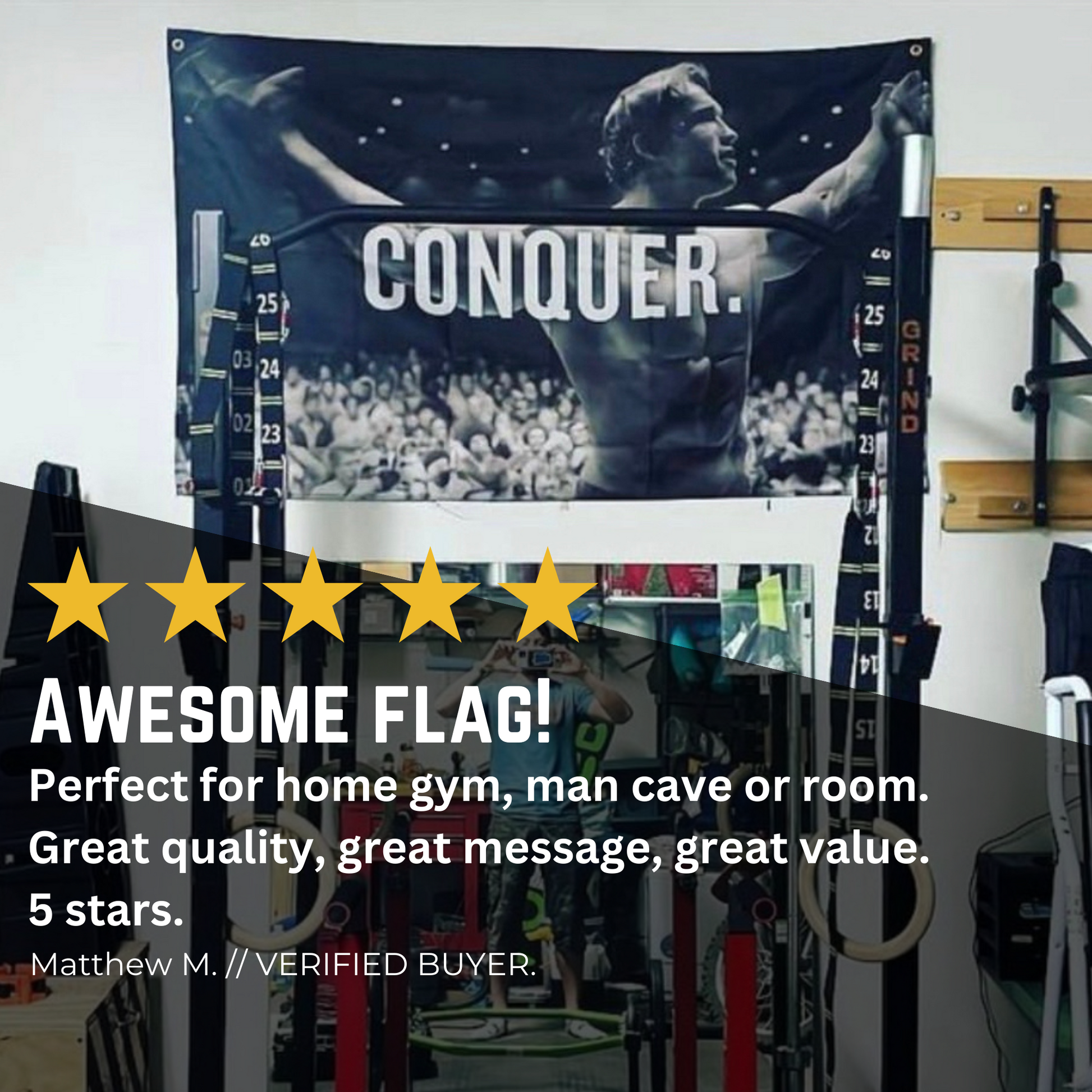 Elevate your gym ambiance with the 'Conquer' flag, showcasing Arnold Schwarzenegger's iconic pose. Review trident flags