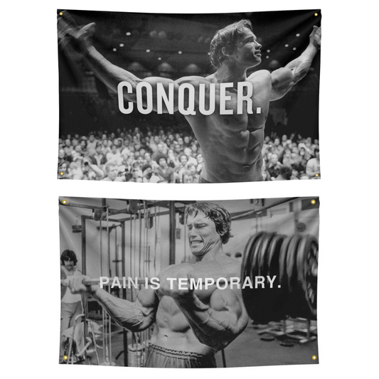 Trident Flags' motivational 'Conquer' and 'Pain is Temporary' set, perfect for inspiring gym and home decor