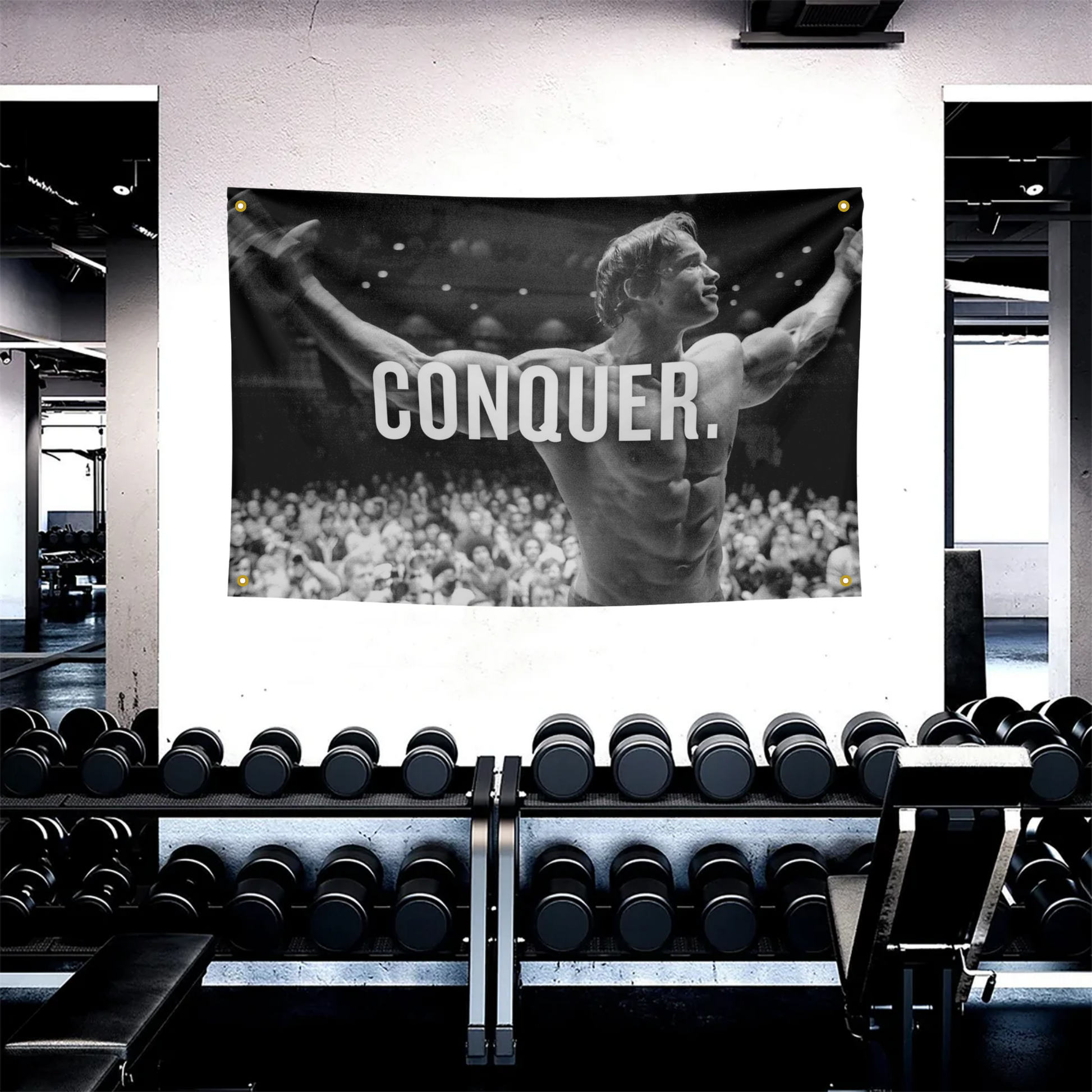 Arnold Schwarzenegger themed 'Conquer' and 'Pain is Temporary' flags, perfect for aspiring athletes and fitness enthusiasts.