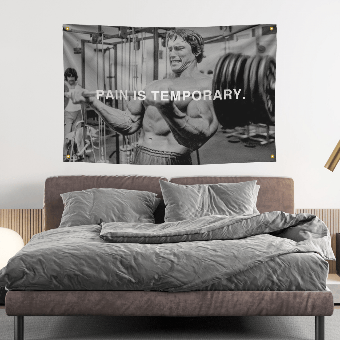 ransform your fitness space with this Arnold Schwarzenegger 'Pain Is Temporary' motivational flag.