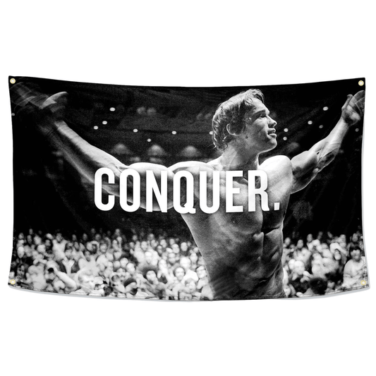 Arnold Schwarzenegger 'Conquer' flag, inspiring strength and determination in your workout space.